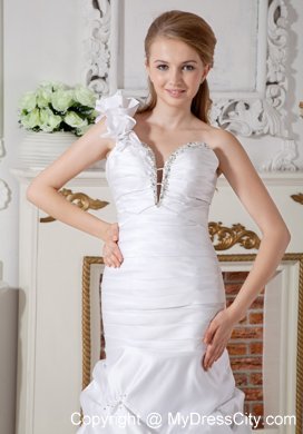 Flowery One Shoulder Court Train Ruched Pick-ups Wedding Dress