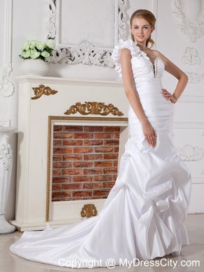 Flowery One Shoulder Court Train Ruched Pick-ups Wedding Dress