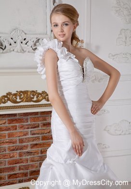 Flowery One Shoulder Court Train Ruched Pick-ups Wedding Dress