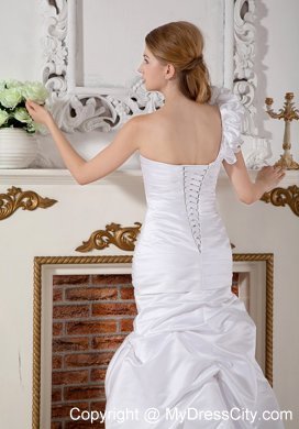 Flowery One Shoulder Court Train Ruched Pick-ups Wedding Dress