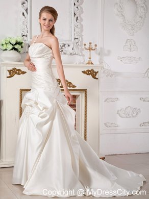 One Shoulder Appliques and Ruching Bridal Dress with Court Train