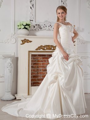 One Shoulder Appliques and Ruching Bridal Dress with Court Train