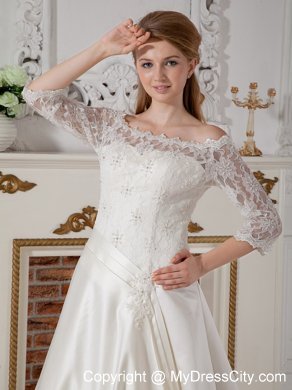 Lace Half Sleeves Off The Shoulder Clasp Handle Court Train Wedding Gown