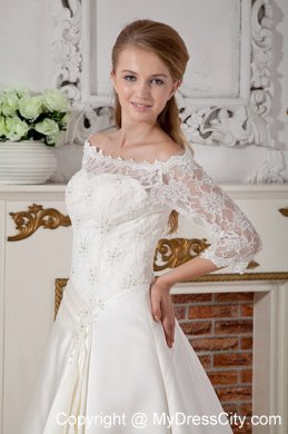 Lace Half Sleeves Off The Shoulder Clasp Handle Court Train Wedding Gown