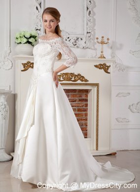 Lace Half Sleeves Off The Shoulder Clasp Handle Court Train Wedding Gown