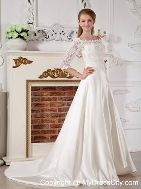 Lace Half Sleeves Off The Shoulder Clasp Handle Court Train Wedding Gown