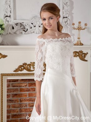 Lace Half Sleeves Off The Shoulder Clasp Handle Court Train Wedding Gown