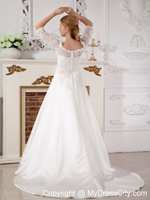 Lace Half Sleeves Off The Shoulder Clasp Handle Court Train Wedding Gown