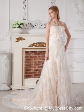 Strapless Hand Made Flowers Sash Lace Bridal Gowns with Court Train