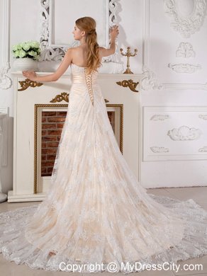 Strapless Hand Made Flowers Sash Lace Bridal Gowns with Court Train