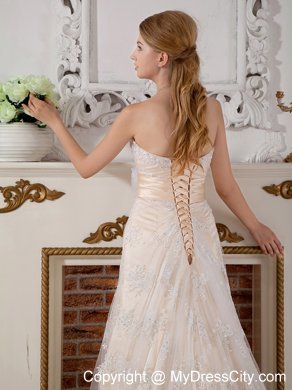 Strapless Hand Made Flowers Sash Lace Bridal Gowns with Court Train