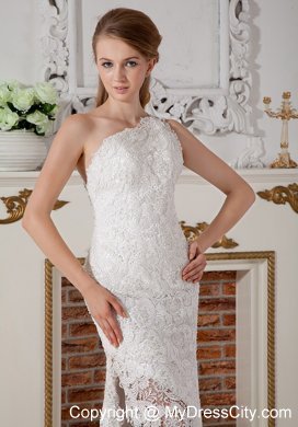 Column One Shoulder Lace Flowers Bridal Dress with Brush Train