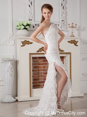 Column One Shoulder Lace Flowers Bridal Dress with Brush Train