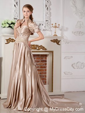 Champagne Court Train Beaded Appliques Wedding Gown with Jacket