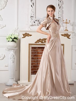 Champagne Court Train Beaded Appliques Wedding Gown with Jacket