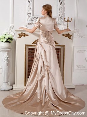 Champagne Court Train Beaded Appliques Wedding Gown with Jacket