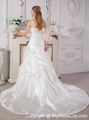 Ruched Court Train Button Down Back Bridal Dresses with Pick-ups