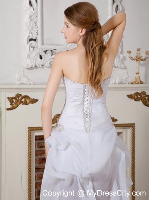 Asymmetrical Ruching Appliques Wedding Gowns with Court Train