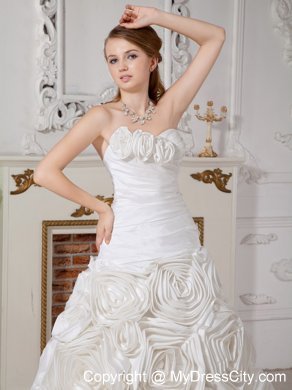 Ruched Rolling Flowers Sweetheart Court Train Wedding Gown