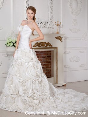 Ruched Rolling Flowers Sweetheart Court Train Wedding Gown