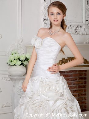 Ruched Rolling Flowers Sweetheart Court Train Wedding Gown