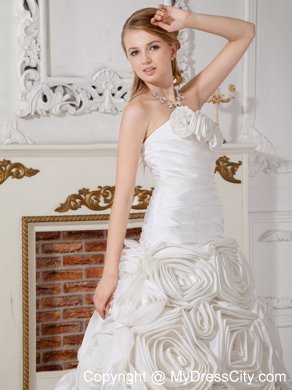 Ruched Rolling Flowers Sweetheart Court Train Wedding Gown