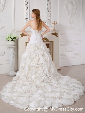 Ruched Rolling Flowers Sweetheart Court Train Wedding Gown