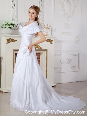 A-line Short Sleeves Court Train Hand Made Flowers Bridal Gowns