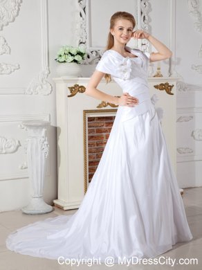 A-line Short Sleeves Court Train Hand Made Flowers Bridal Gowns