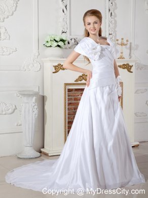 A-line Short Sleeves Court Train Hand Made Flowers Bridal Gowns