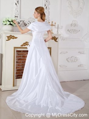 A-line Short Sleeves Court Train Hand Made Flowers Bridal Gowns