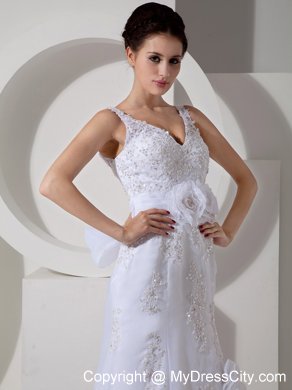 Straps Column V-neck Court Train Sash Hand Made Flower Bridal Gown