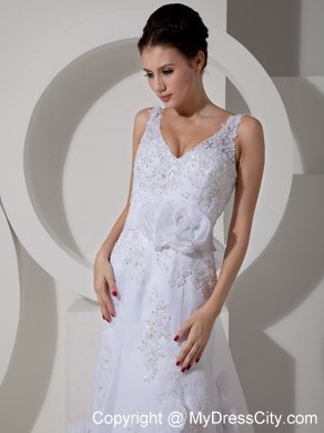 Straps Column V-neck Court Train Sash Hand Made Flower Bridal Gown