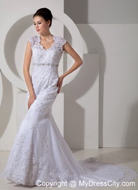 Mermaid Square Lace Beading Court Train Wedding Dress in White