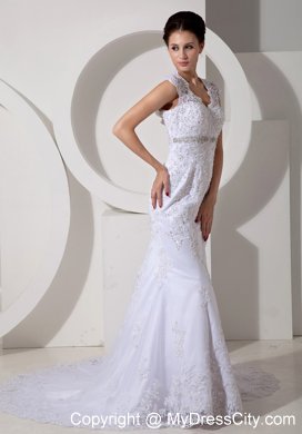 Mermaid Square Lace Beading Court Train Wedding Dress in White