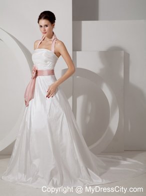 Halter Ruching Court Train Bridal Dress with Pink Handle Flower Sash