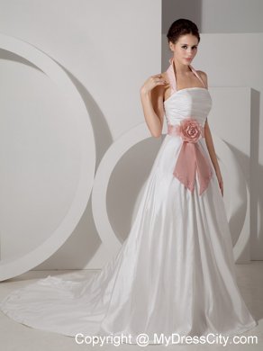 Halter Ruching Court Train Bridal Dress with Pink Handle Flower Sash