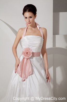 Halter Ruching Court Train Bridal Dress with Pink Handle Flower Sash