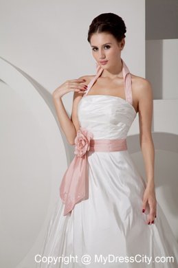 Halter Ruching Court Train Bridal Dress with Pink Handle Flower Sash