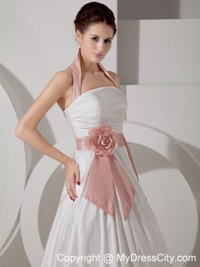 Halter Ruching Court Train Bridal Dress with Pink Handle Flower Sash