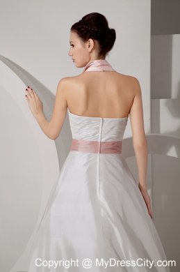 Halter Ruching Court Train Bridal Dress with Pink Handle Flower Sash