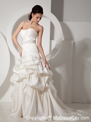 Pick-ups and Ruching Court Train Bridal Gown with Beaded Sash