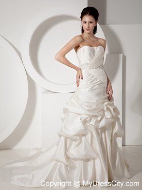 Pick-ups and Ruching Court Train Bridal Gown with Beaded Sash