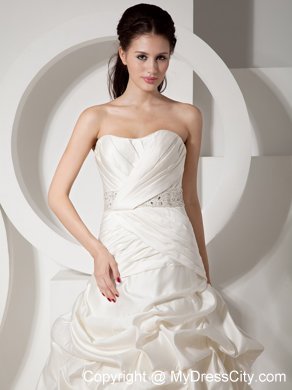 Pick-ups and Ruching Court Train Bridal Gown with Beaded Sash