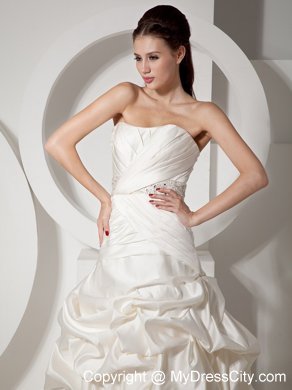 Pick-ups and Ruching Court Train Bridal Gown with Beaded Sash