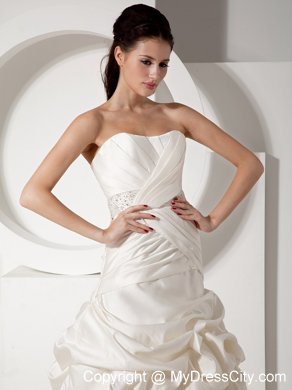 Pick-ups and Ruching Court Train Bridal Gown with Beaded Sash