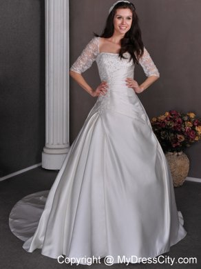 Half Sleeves A-line Chapel Train Appliques and Beading Wedding Gowns