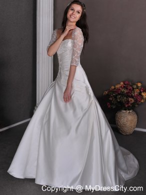 Half Sleeves A-line Chapel Train Appliques and Beading Wedding Gowns