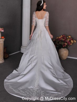 Half Sleeves A-line Chapel Train Appliques and Beading Wedding Gowns