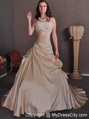 Champagne Strapless A-line Appliques Chapel Train Wedding Gown